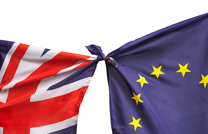 U.K. and EU flags tied together