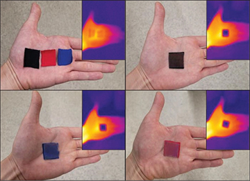 Pictures of hand holding fabric with thermal-camera insets