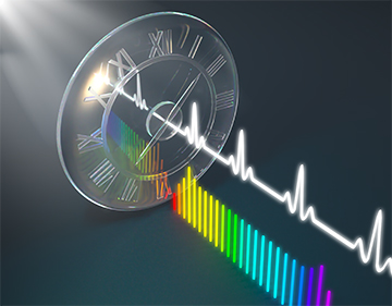 Artist impression of time lens: pulses emerging from clock
